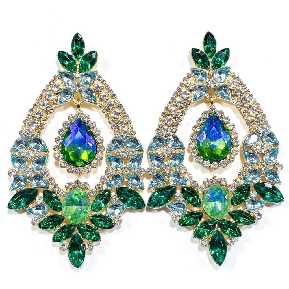 New Blue & Green Sparkly Glass Crystal Rhinestone Drop Earrings - Picture 3 of 10